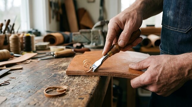 Close-up of leather craftsman working with beveling tool on a wooden workbench