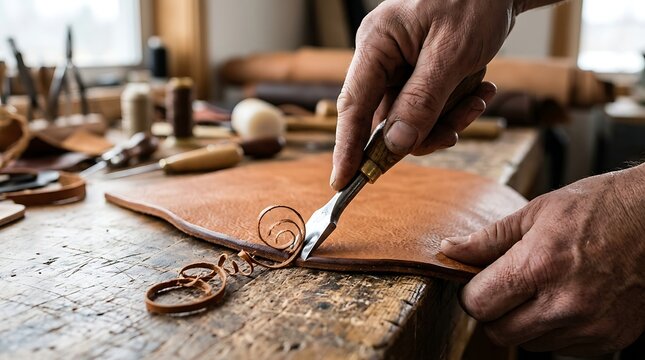 Professional leather craftsman carving intricate patterns into a tan leather hide on a rustic wooden workbench