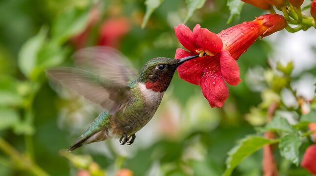 Male ruby throated hummingbird hovering and feeding on nectar from red trumpet vine flower in garden
