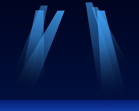 Bright blue light beams shining down from above against a dark navy blue background for a stage performance or event atmosphere
