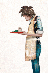 A man working as a waiter is serving a drink in a digital collage