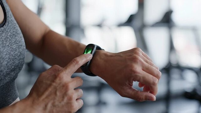 Adult checking fitness tracker watch in fitness gym