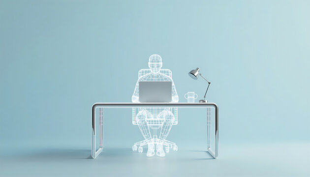 Futuristic 3D wireframe man working on a laptop from front view office desk
