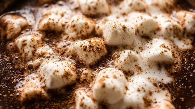 Close-up of toasted mini marshmallows melting on top of rich dark chocolate dessert
