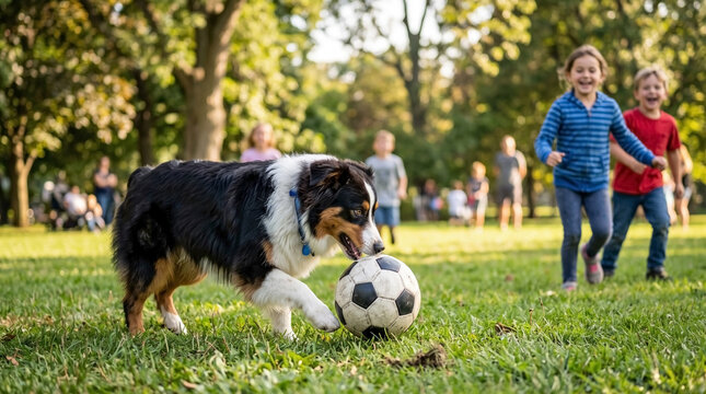 Playful Australian Shepherd pushing soccer ball on park grass. Energetic Australian Shepherd enjoys sunny outdoor fun, children nearby.
