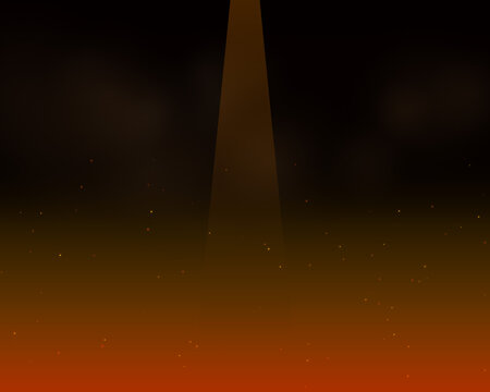 A bright glowing golden light beam rising up from a dark orange background with floating dust particles and magical fire embers