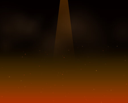 Bright vertical beam of light shining down in a dark orange atmosphere with small glowing particles floating in the night air