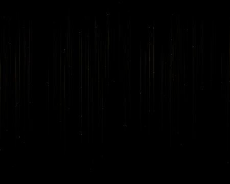 Golden light lines with glowing particles falling down on a dark black background for luxury holiday celebration and festive decor