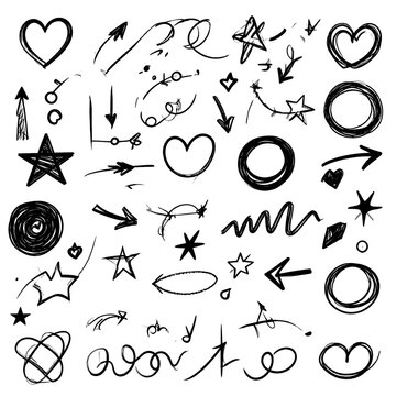 Collection of hand drawn black doodle elements isolated on white background