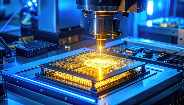 Precision laser processing microchip on electronic circuit board.