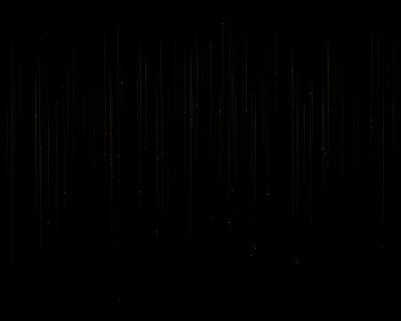 Abstract golden light rays and falling glowing particles on a dark background for luxury design and festive holiday celebration