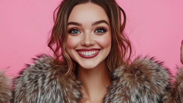 Pink background behind smiling woman. Furry coat frames her shoulders. Her hair softly falls around her face. Bright eyes and warm smile. She waves with one hand. Confident and cheerful expression