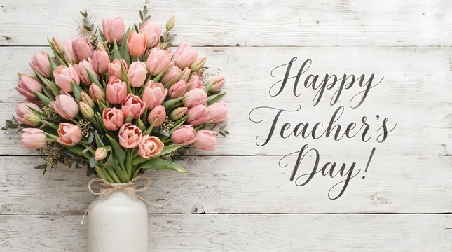 A beautiful bouquet of pink tulips in a rustic vase placed on a white wooden background for a festive teacher day greeting card