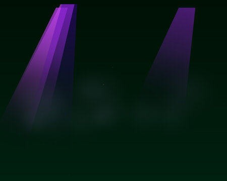 Two bright purple light beams shining down in a dark room with thick fog and atmospheric haze for a stage performance effect
