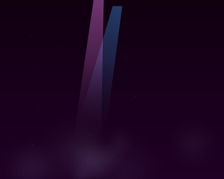 Two vertical glowing light beams in purple and blue colors shining upwards in a dark mysterious night atmosphere for modern background