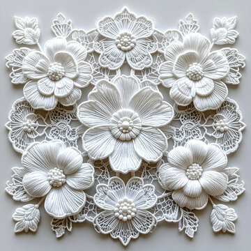 Delicate white lace floral border with intricate embroidered details