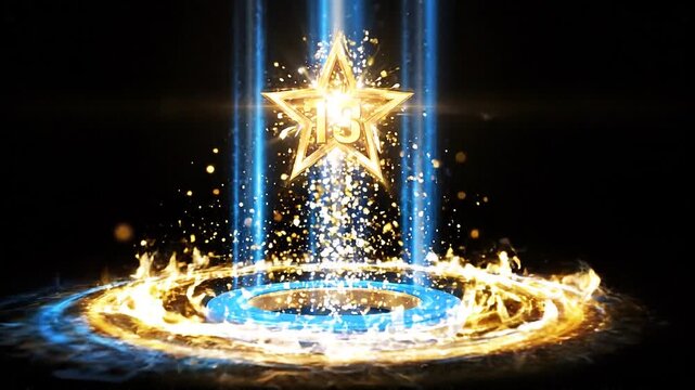 Blue and gold energy pillar rises from a glowing platform