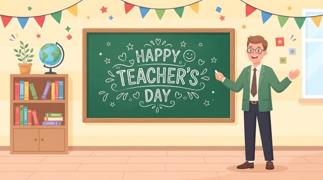 A male teacher standing in a decorated classroom with a chalkboard greeting that says happy teacher day for a school celebration event illustration