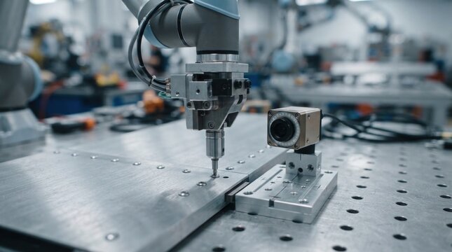 AI-assisted robotic riveting with aluminum lap joint, rivet heads, vision sensor camera, and calibration jig for aerospace assembly and precision fastening.