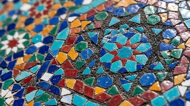 Close-up of Colorful Moroccan Zellige Mosaic Tile Pattern with Geometric Ceramic Pieces