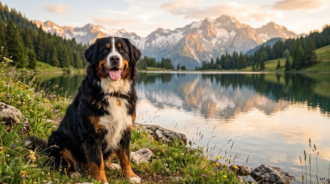 Smiling Bernese Mountain Dog sits beside peaceful mountain lake, showing happy relaxed expression. Bernese Mountain Dog enjoys tranquil natural environment, majestic mountains, green forest.