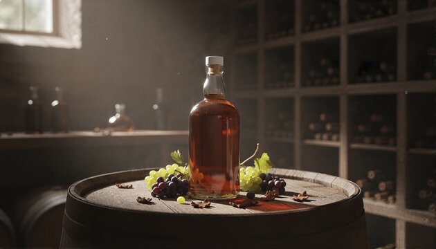 Amber spirit bottle on a rustic oak surface with vineyard grapes