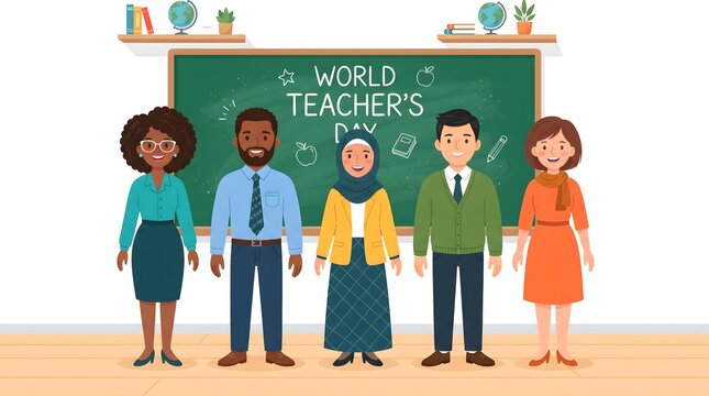 Diverse group of professional teachers standing together in a classroom in front of a chalkboard to celebrate the annual world teacher day event