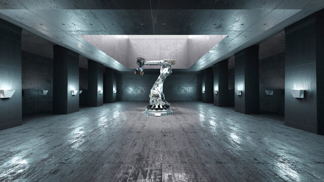 Three dimensional render of robotic arm standing inside industrial factory