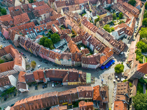Germany, Bavaria, Nuremberg, Aerial view of medieval townhouses