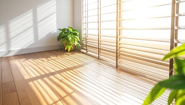 Sunlit empty room with wooden floor and window blinds.