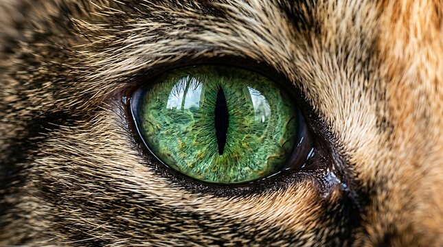 Extreme Close-up Photography of a Vibrant Green Cat Eye Featuring Intricate Iris Patterns and Sharp Slit Pupil Detail