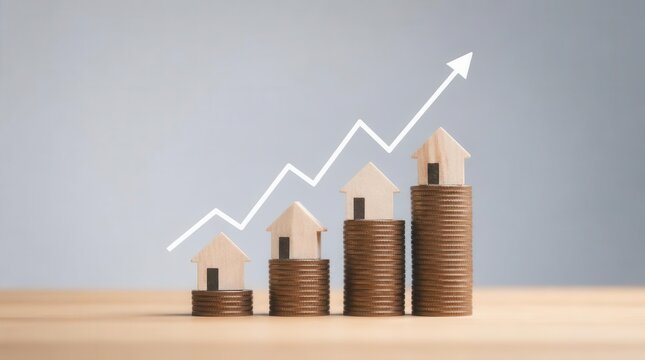 Ascending real estate values are clearly depicted by stacked coins topped with miniature houses and a rising graph, signifying significant property market growth and profitable investment
