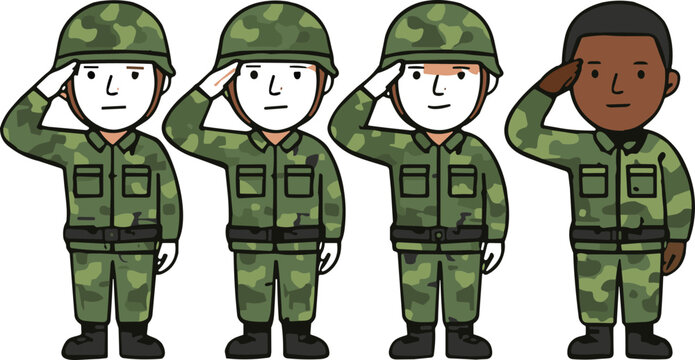Cartoon soldiers in green camouflage uniforms saluting together representing military discipline teamwork unity and patriotic service illustration