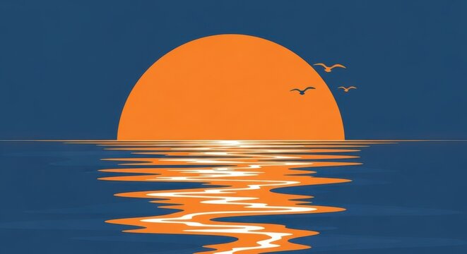 Minimalist sunset over the ocean with a large orange sun and flying birds against a deep blue sky