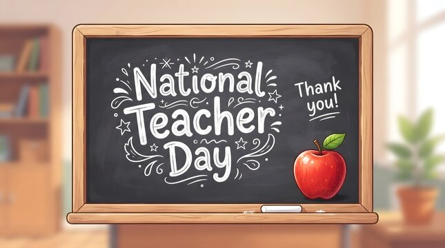 A festive chalkboard display celebrating national teacher day with elegant white hand lettering and a fresh red apple sitting on a wooden desk