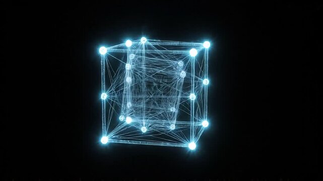 Glowing blue geometric wireframe cube transforming on black background