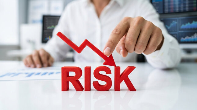 Businessman pointing at red risk text with downward arrow representing financial loss and recession