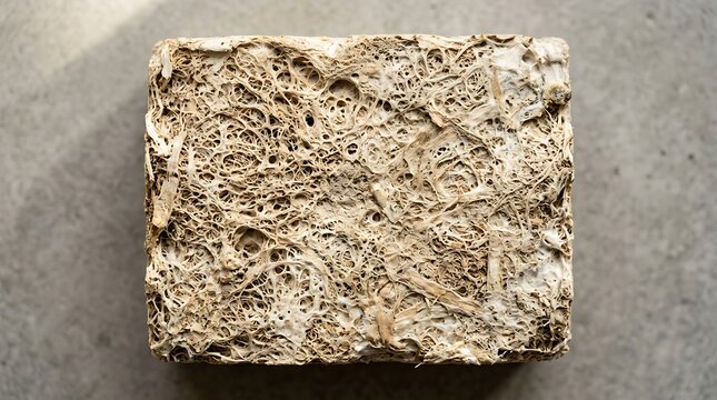 Close-up of a beige textured stone cube with natural mineral speckles on a white background