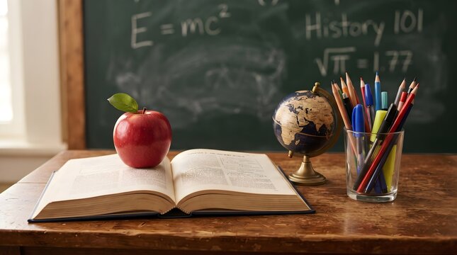 A festive classroom desk arrangement with an open book a red apple and school supplies celebrating the annual occasion of teachers day event