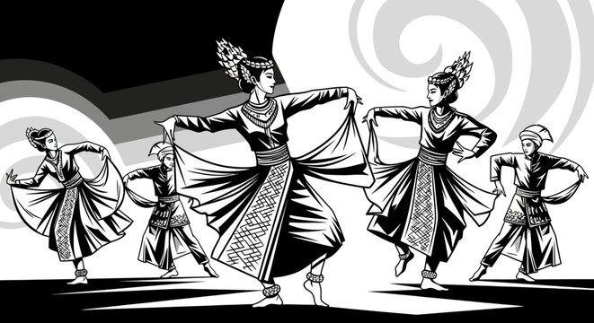Group of traditional dancers on circular patterned background.