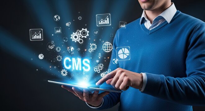 Man Using Tablet with CMS and Digital Icons Floating Above.