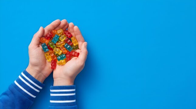 Top view of hands holding colorful gummy bears on a blue background for a creative teacher day celebration gift or school snack concept