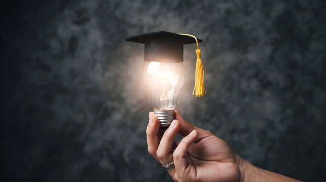 A hand holding a glowing light bulb with a graduation cap on top representing knowledge and success for the celebration of teachers day