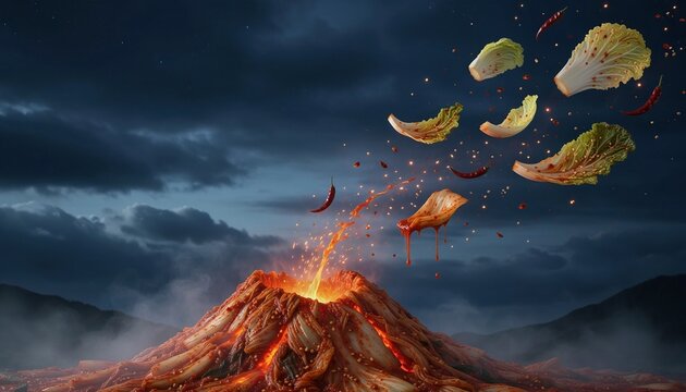 Cinematic surreal volcano eruption featuring floating Napa cabbage and chili peppers against a dark stormy night sky