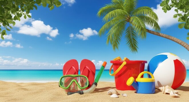 Summer beach vacation accessories with snorkel, bucket, and ball on sand