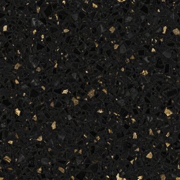 Modern black terrazzo with gold foil shards seamless texture, high quality background