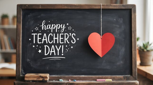 A rustic wooden chalkboard featuring the text happy teacher day with a hanging red paper heart for a festive classroom celebration background display