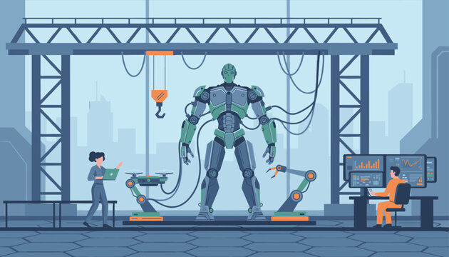 Industrial engineers controlling a massive futuristic robotic machine under construction in a smart factory hangar.