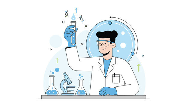 Male scientist in a white lab coat conducts chemistry research using beakers, a microscope, and a test tube in his laboratory.