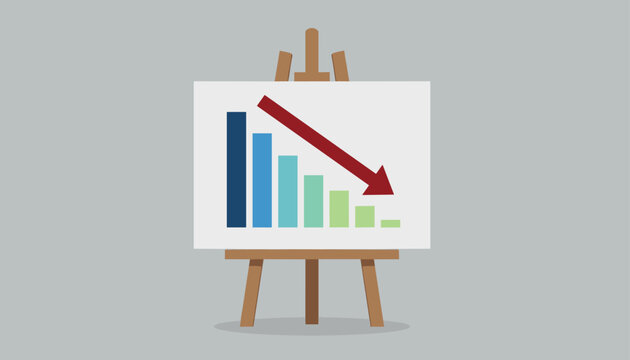 Presentation easel displays a bar graph showing a sharp downward trend with a large red arrow symbolizing financial or market decline.